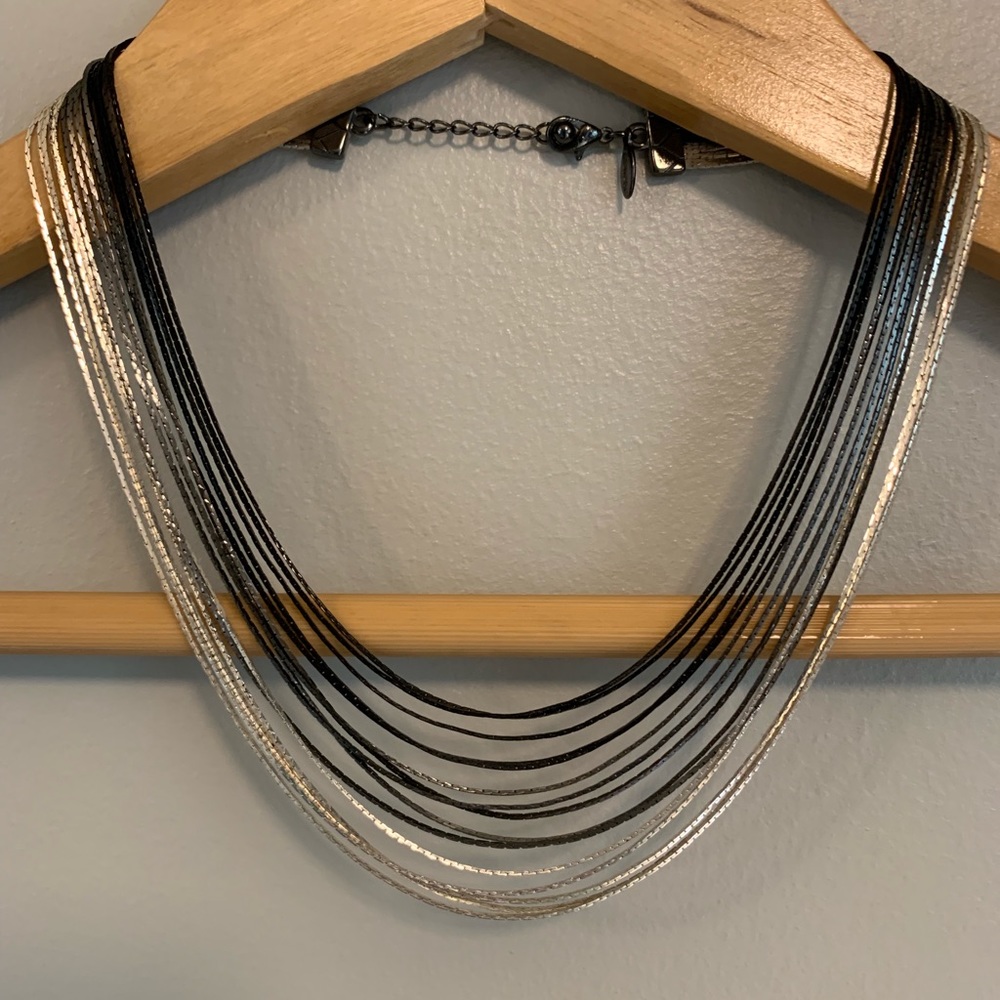 Adjustable silver charcoal black layered necklace